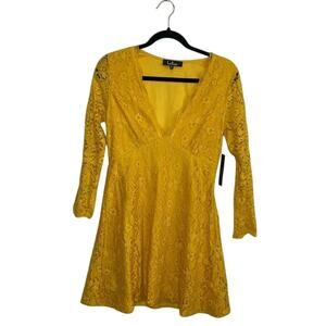 NWT Lulus We Will‎ Dance Mustard Yellow 3/4 Sleeve Lace Mini Dress Womens Medium